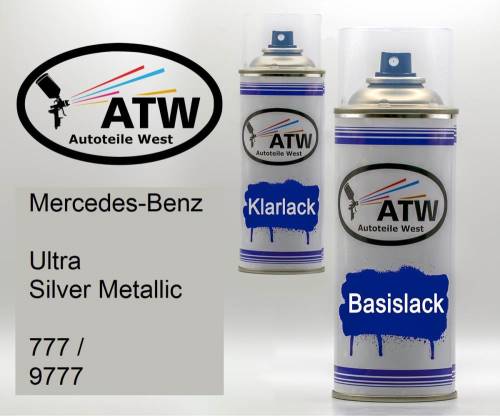 Mercedes-Benz, Ultra Silver Metallic, 777 / 9777: 400ml Sprühdose + 400ml Klarlack - Set, von ATW Autoteile West.